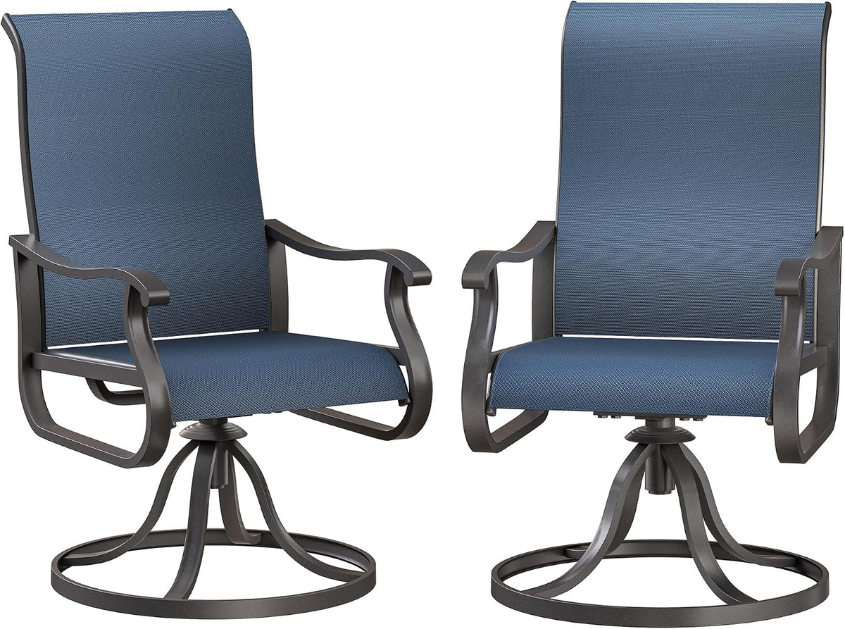 Pair of blue-textilene high-back swivel rocking chairs shown from the front on white background.