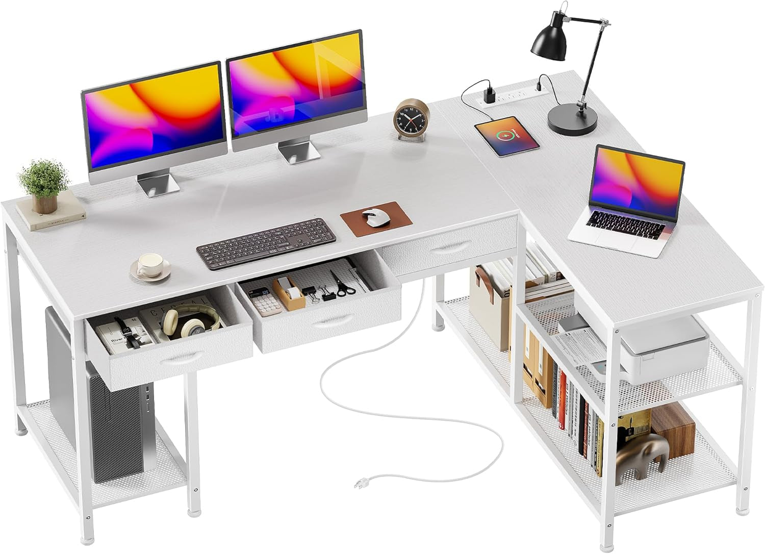 Isometric view of white L-shaped desk with matching white drawers open and staged accessories on the shelves.