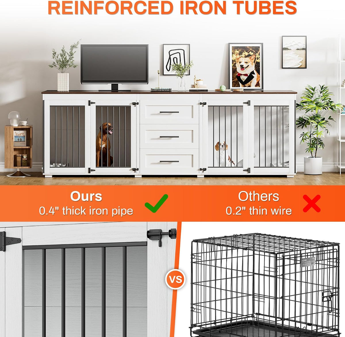 Wide shot of the crate with close-up bars on left and a wire kennel image on right comparing reinforced iron tubes.