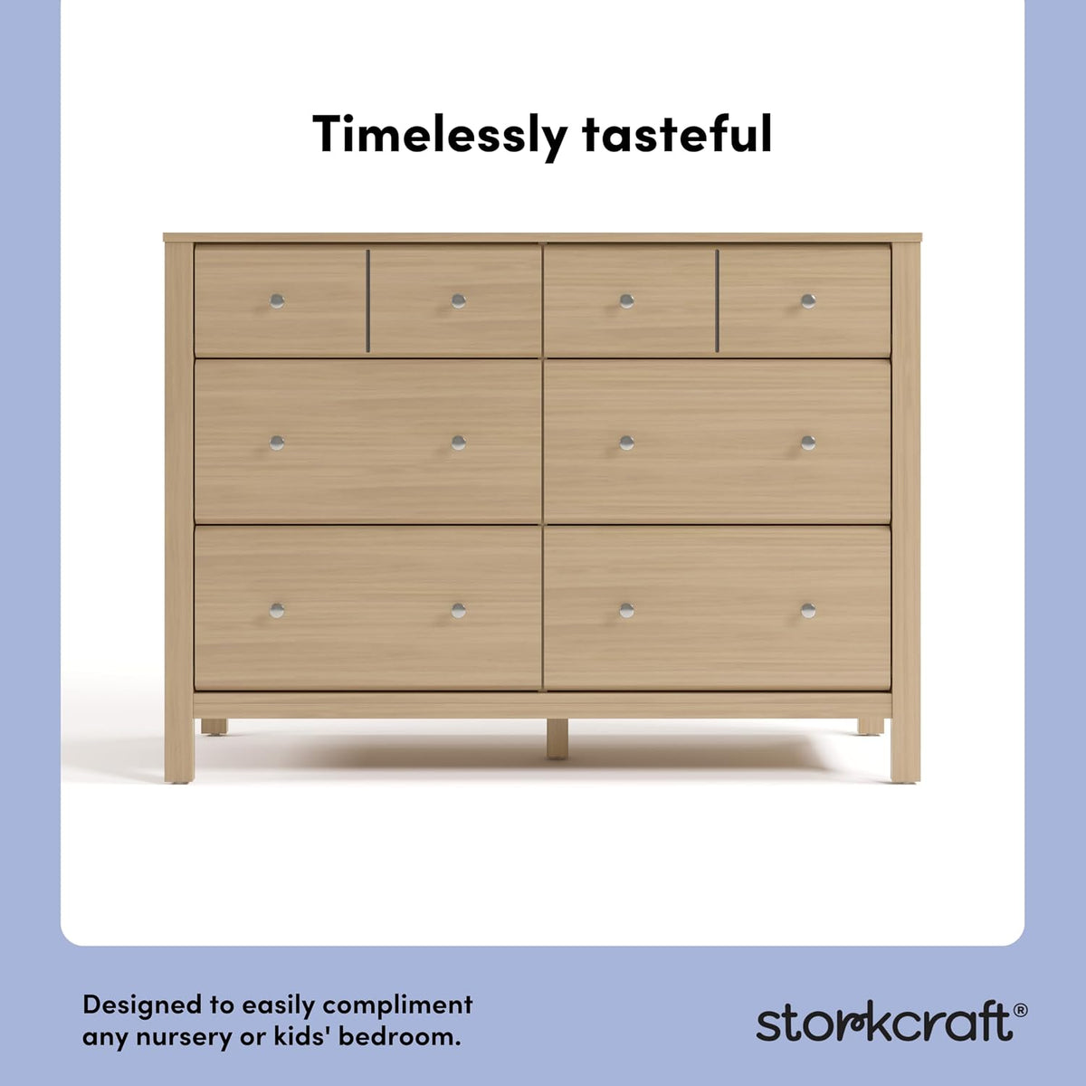 Front promotional render of light wood six-drawer dresser against white and blue background