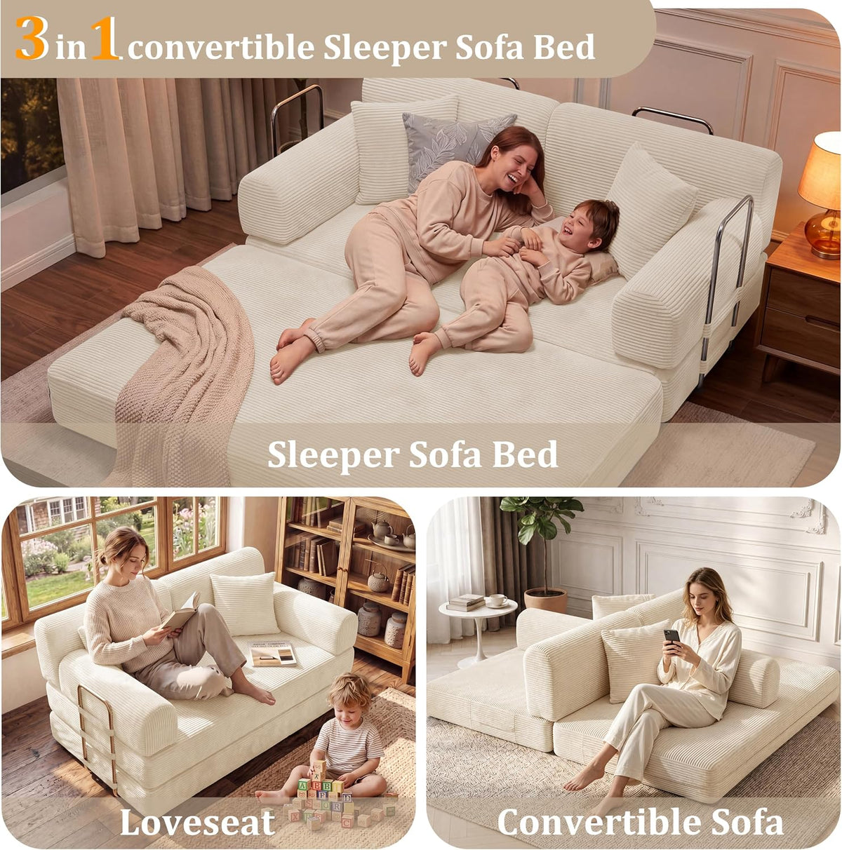 Three-panel collage showing the sofa as a sleeper on top and as a loveseat and convertible sofa in the two lower panels.