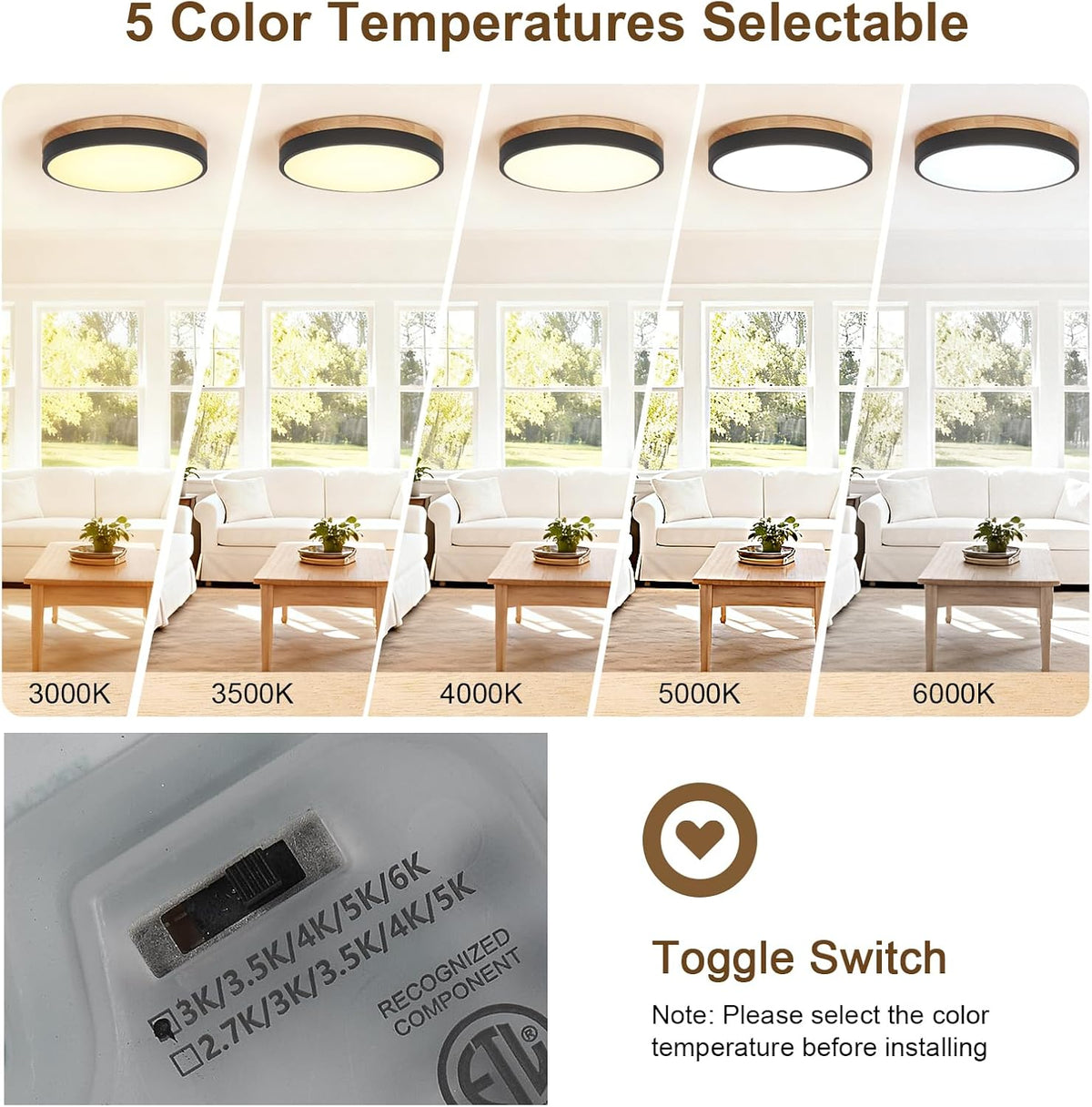 Living room scene illustrating five selectable color temperatures 3000K–6000K with a toggle switch close-up.