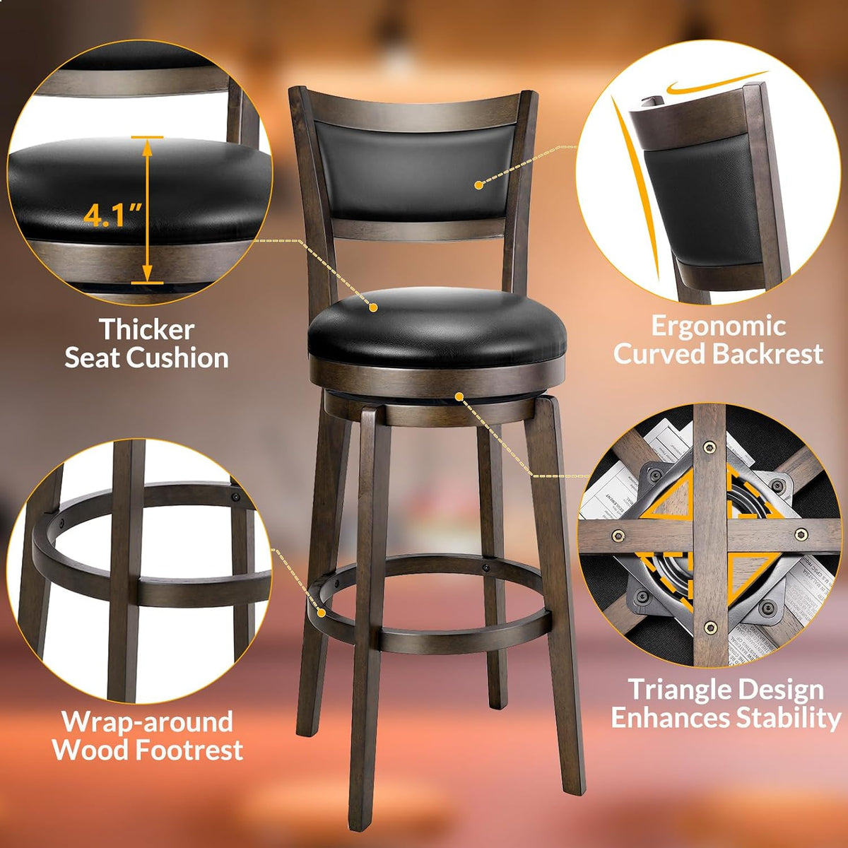 Close-up feature collage highlighting 4.1" cushion, ergonomic curved backrest, wrap-around wood footrest and triangle reinfor