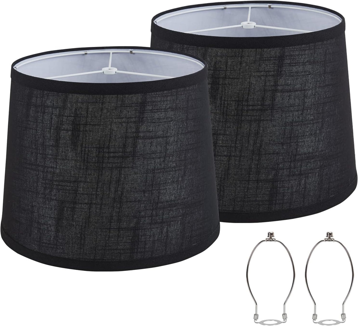 Black linen 2-pack lamp shades with spider fitter visible and two metal harps shown on white background