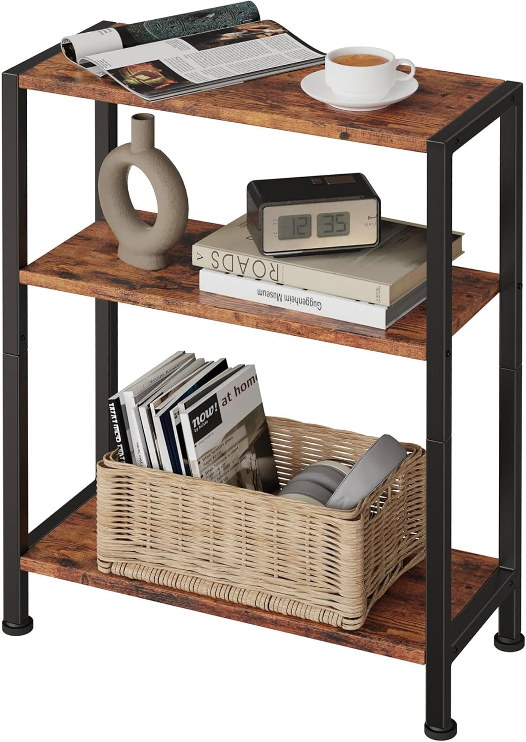 Rustic brown three-tier narrow side table angled front view showing metal frame and wood-grain shelves
