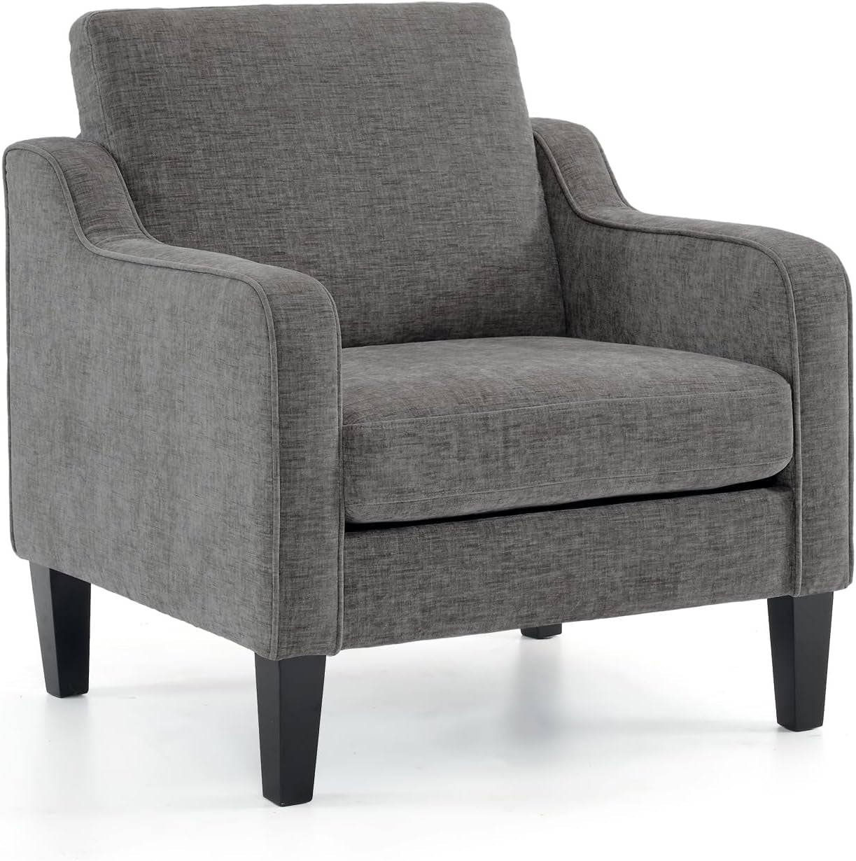Single light-gray upholstered armchair on a white background showing a removable seat cushion and tapered black legs.