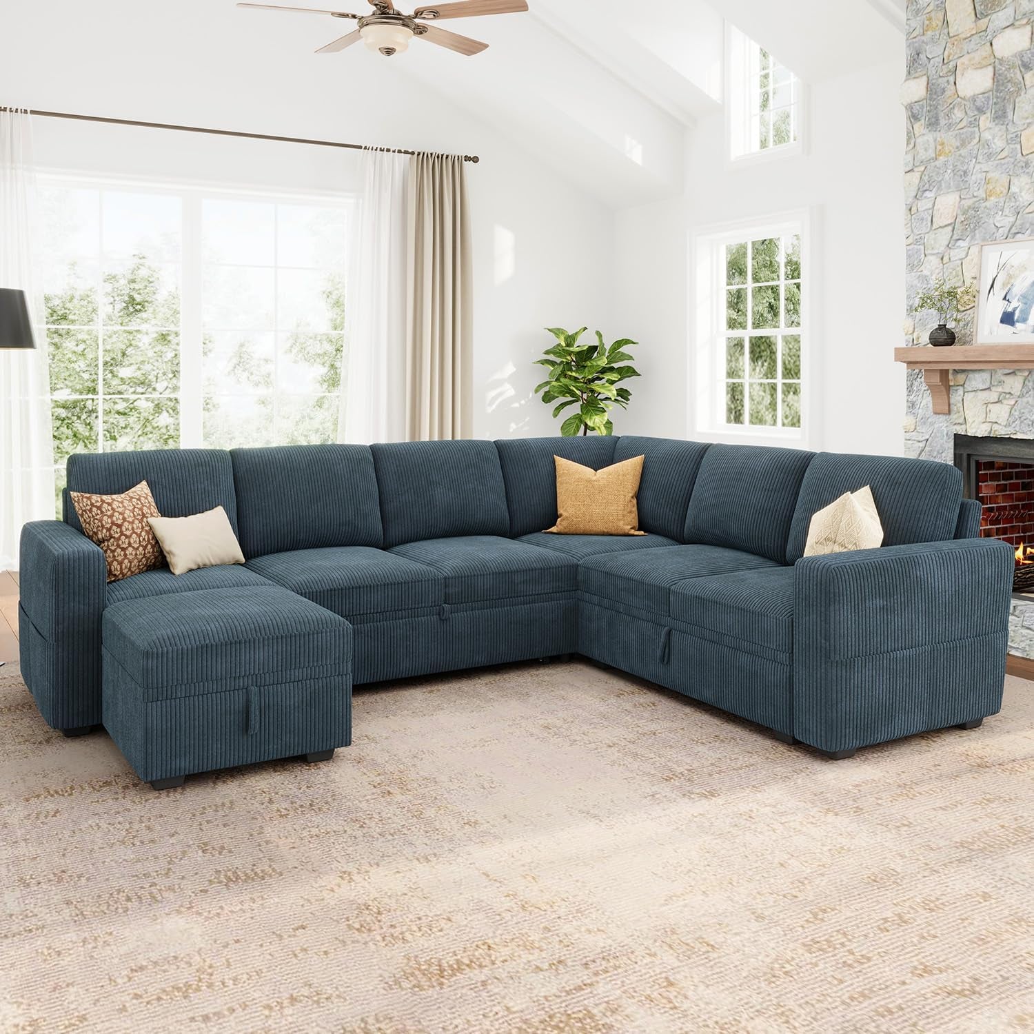 Modular Sectional Sleeper Sofa, Corduroy Sleeper Pull-Out Bed Couch with Storage, U Shaped Sectional Couches for Living Room, Blue