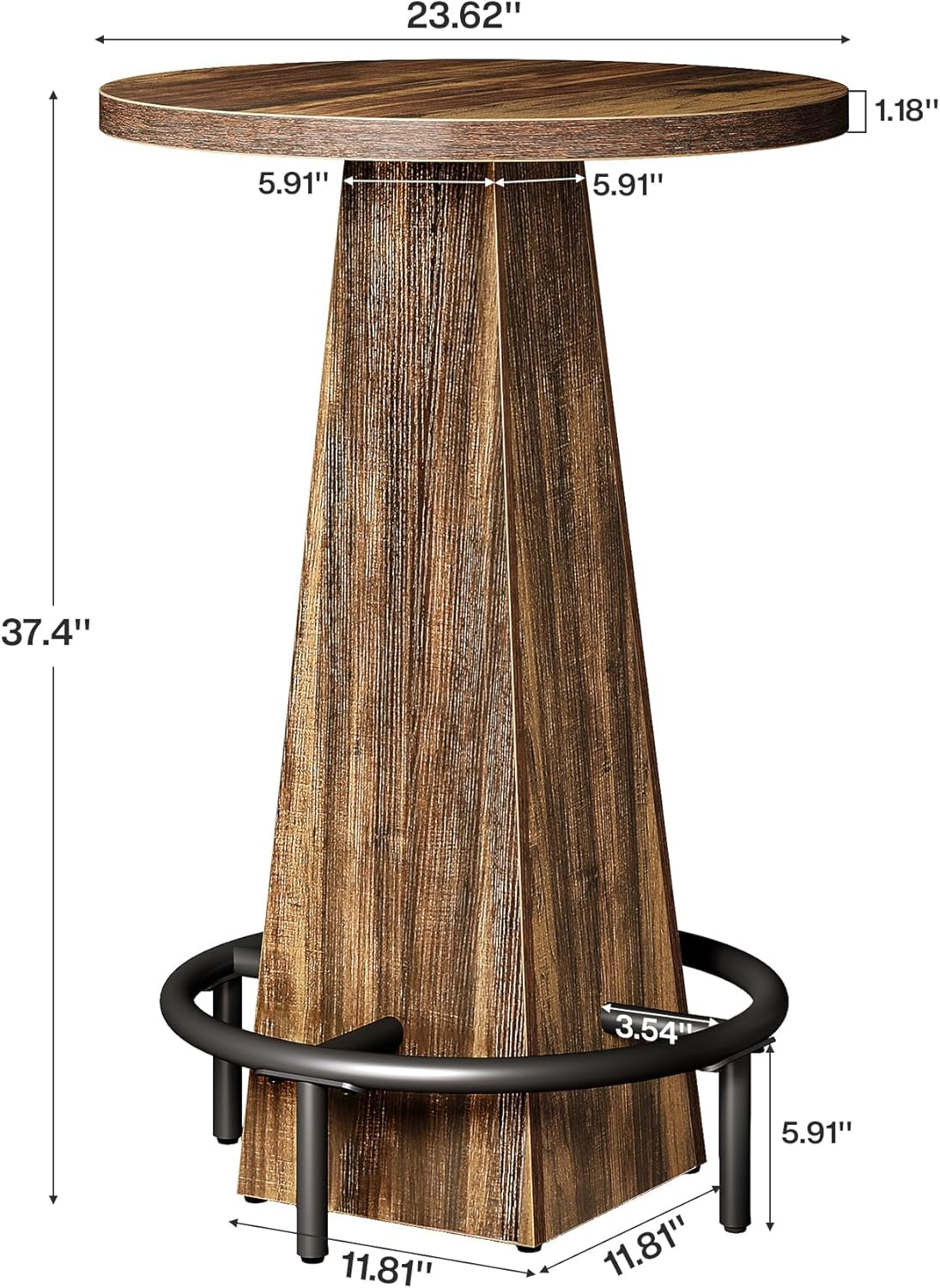 Front diagram of the round bar table showing height, top diameter and base measurements.