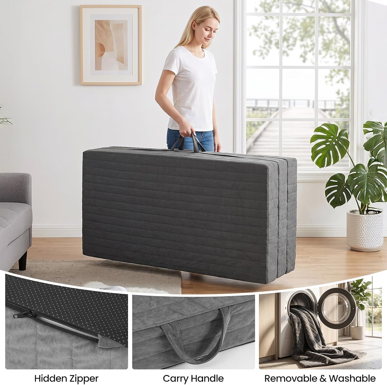 Folded mattress being carried by handles with close-ups of hidden zipper, carry handle and removable cover