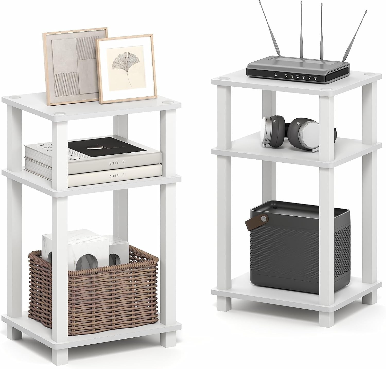 Two white three-tier open shelf end tables shown side-by-side with books, basket and electronics.