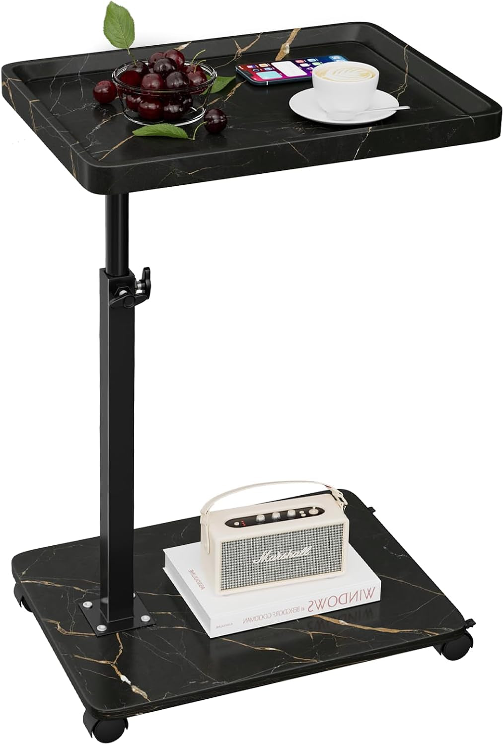 Side view of black marble-pattern C-shaped table showing height adjustment knob and caster base.