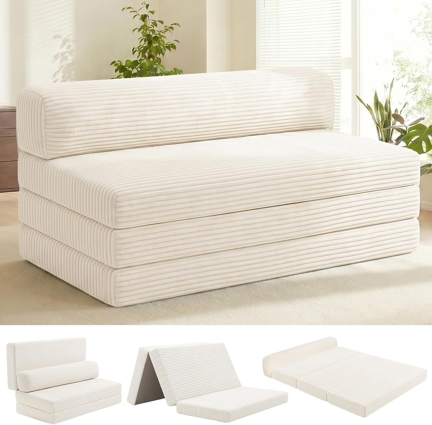 Cream-colored corduroy boneless loveseat staged in a bright room with three small thumbnails showing alternate fold