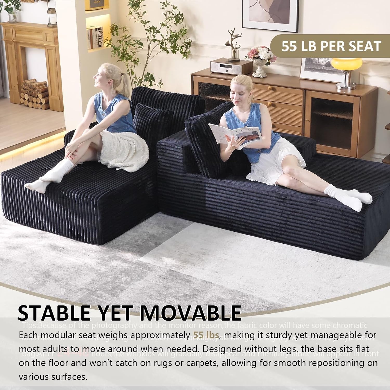 Oversized 79” Double Chaise Lounge Sofa Bed, Deep Seat Corduroy Cloud Loveseat Chair, No Assembly, Plush Upholstered Sleeper for Living Room or Bedroom (Dark Black)