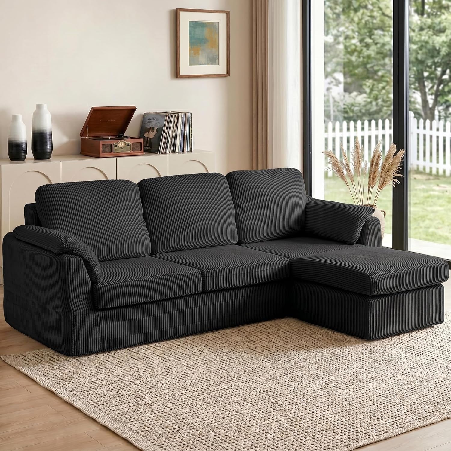 86" Boneless Couches for Living Room, L-Shaped Corduroy Cloud Couch, Modular Sectional Couch with Ottoman, Deep Seat Plush Foam Sofa, No Assembly Required, Black