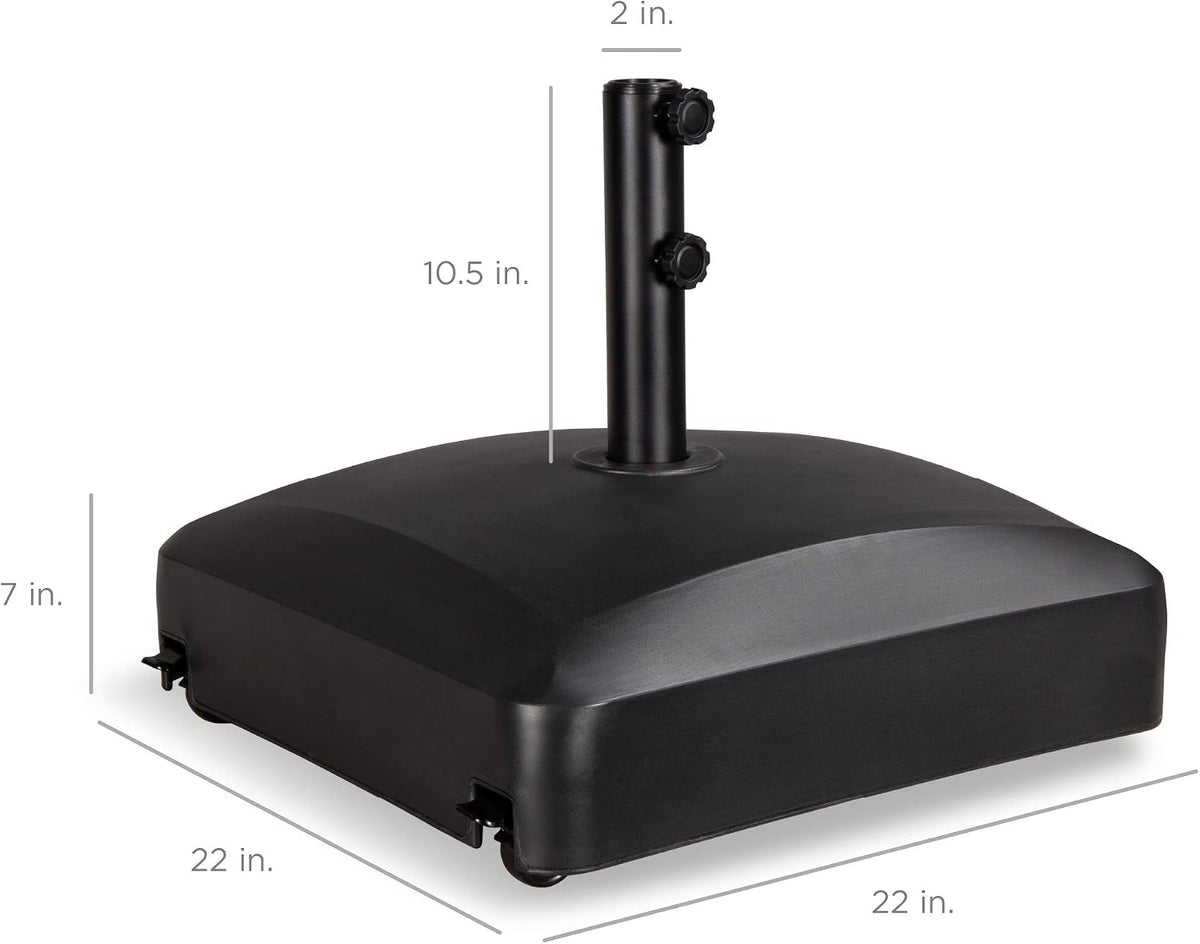 Three-quarter front view of a black square umbrella base with pole and visible measurement lines.