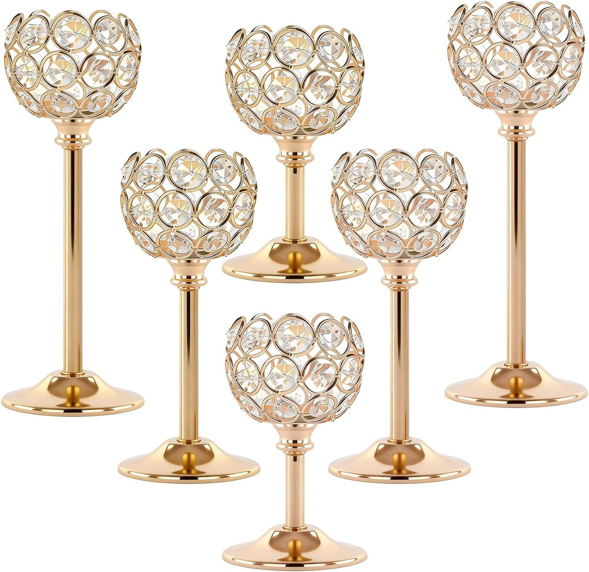Six gold crystal tealight holders arranged front view on a white background showing multiple heights