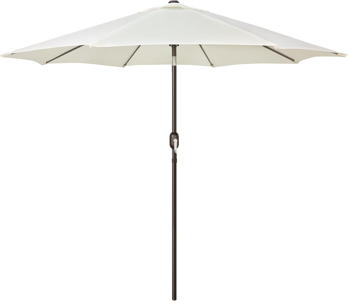 Front view of a cream patio umbrella with eight ribs and a brown pole with crank handle.