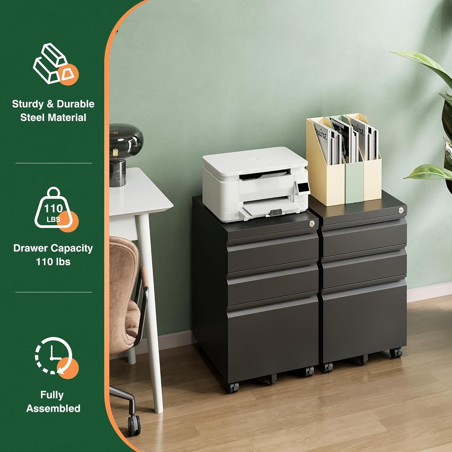 Two black mobile file cabinets placed side by side under a desk topped with a printer and document holders