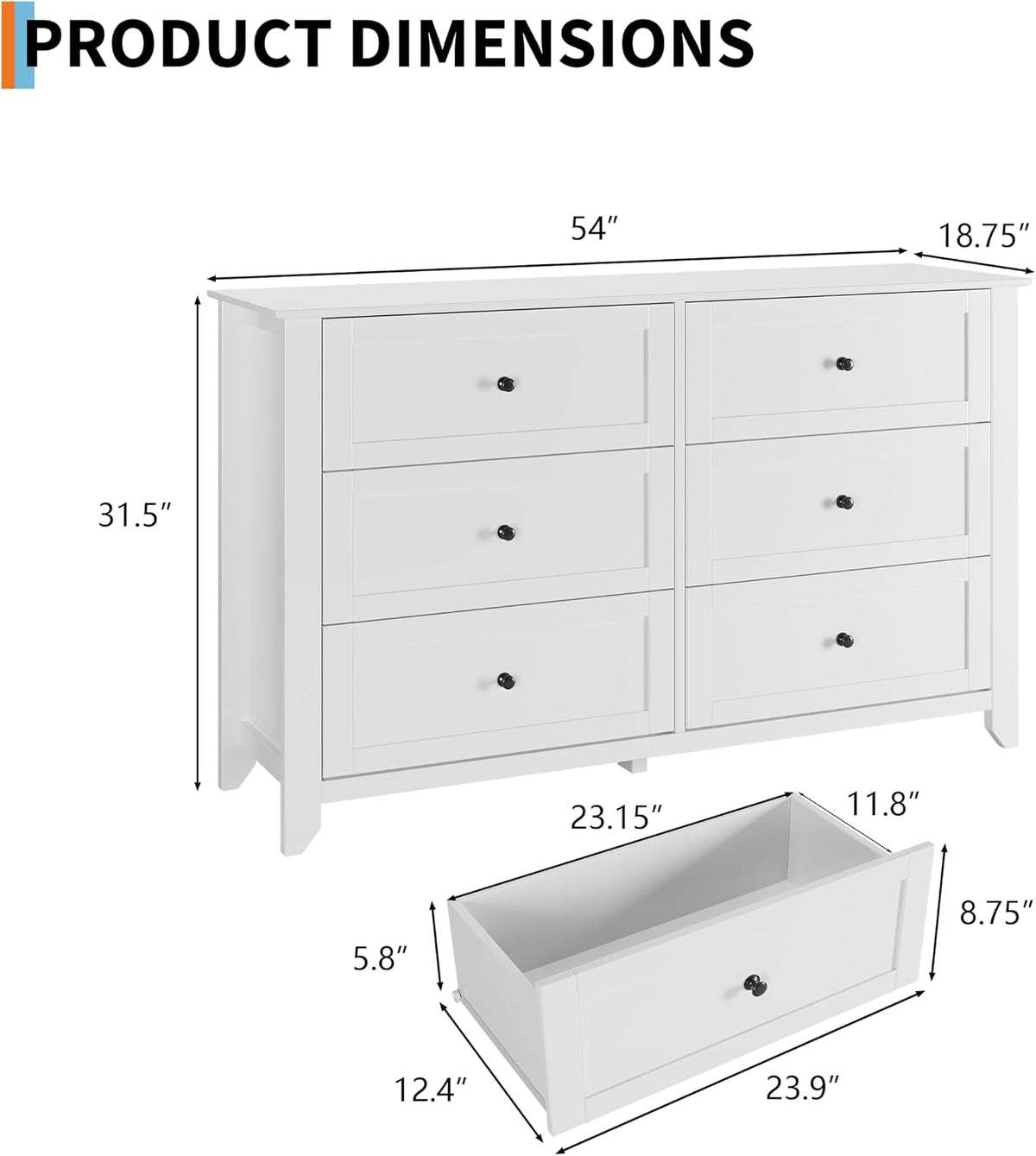 Diagram of the dresser with labeled overall and drawer measurements