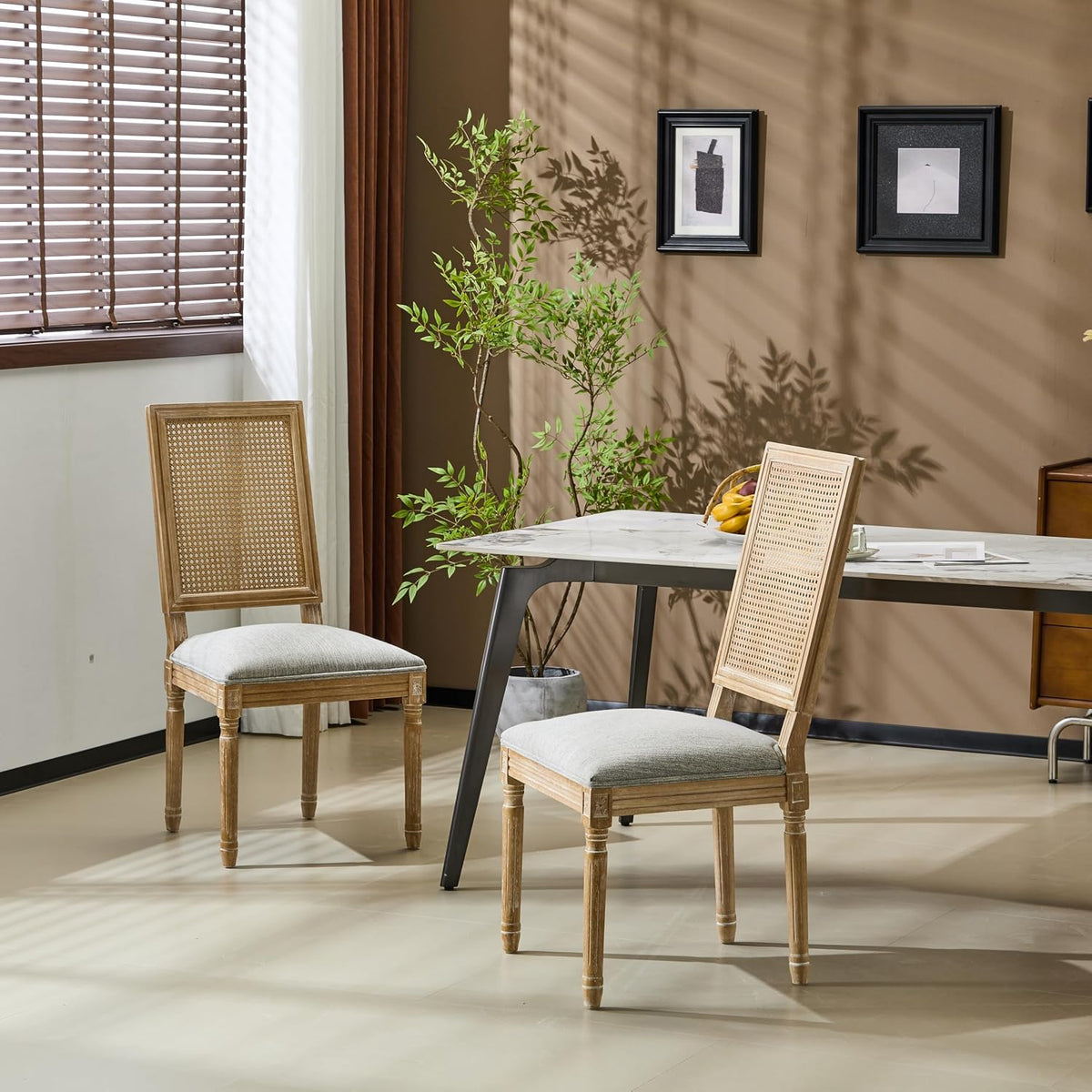 Christopher Knight Home Powell French Country Indoor Dining Chairs Set of 2, Wooden Dining Room Chair with Cane Backrest, High Back Kitchen Seat, Fabric Upholstered Armless Chair, Beige+Walnut