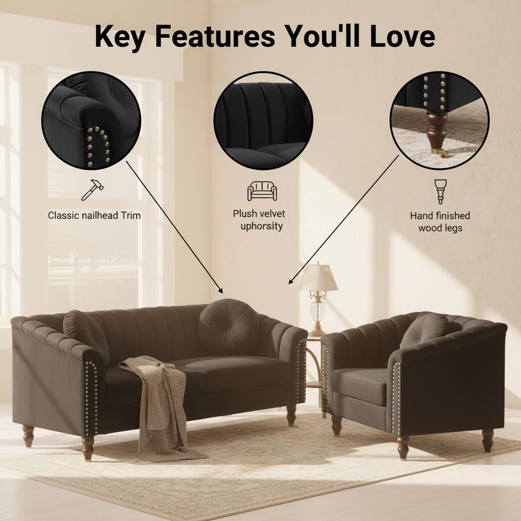 Black Chesterfield sofa and armchair with callouts highlighting nailhead trim, plush velvet upholstery, and hand-finishedwood