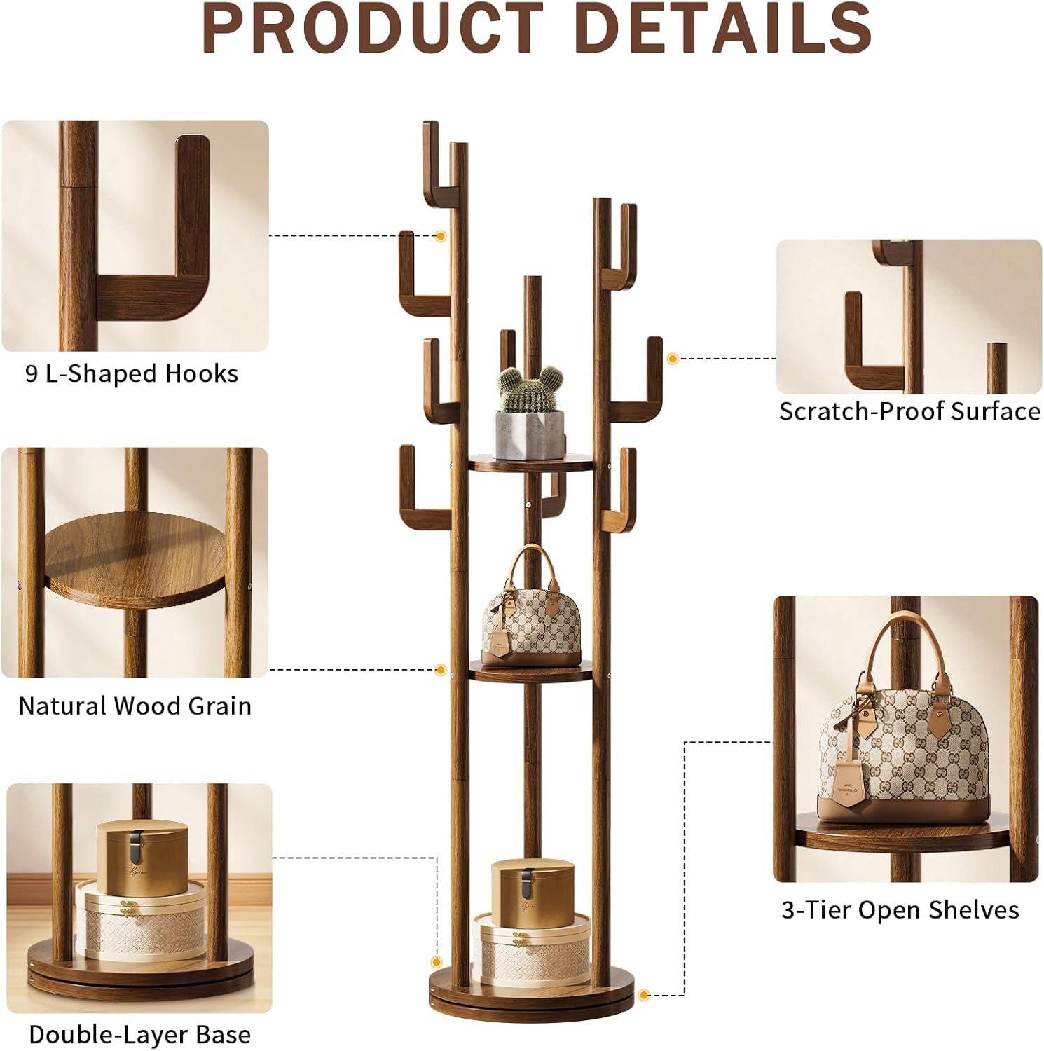 Collage of product details showing L-shaped hooks, scratch-proof surface, three open shelves and double-layer base on the oak