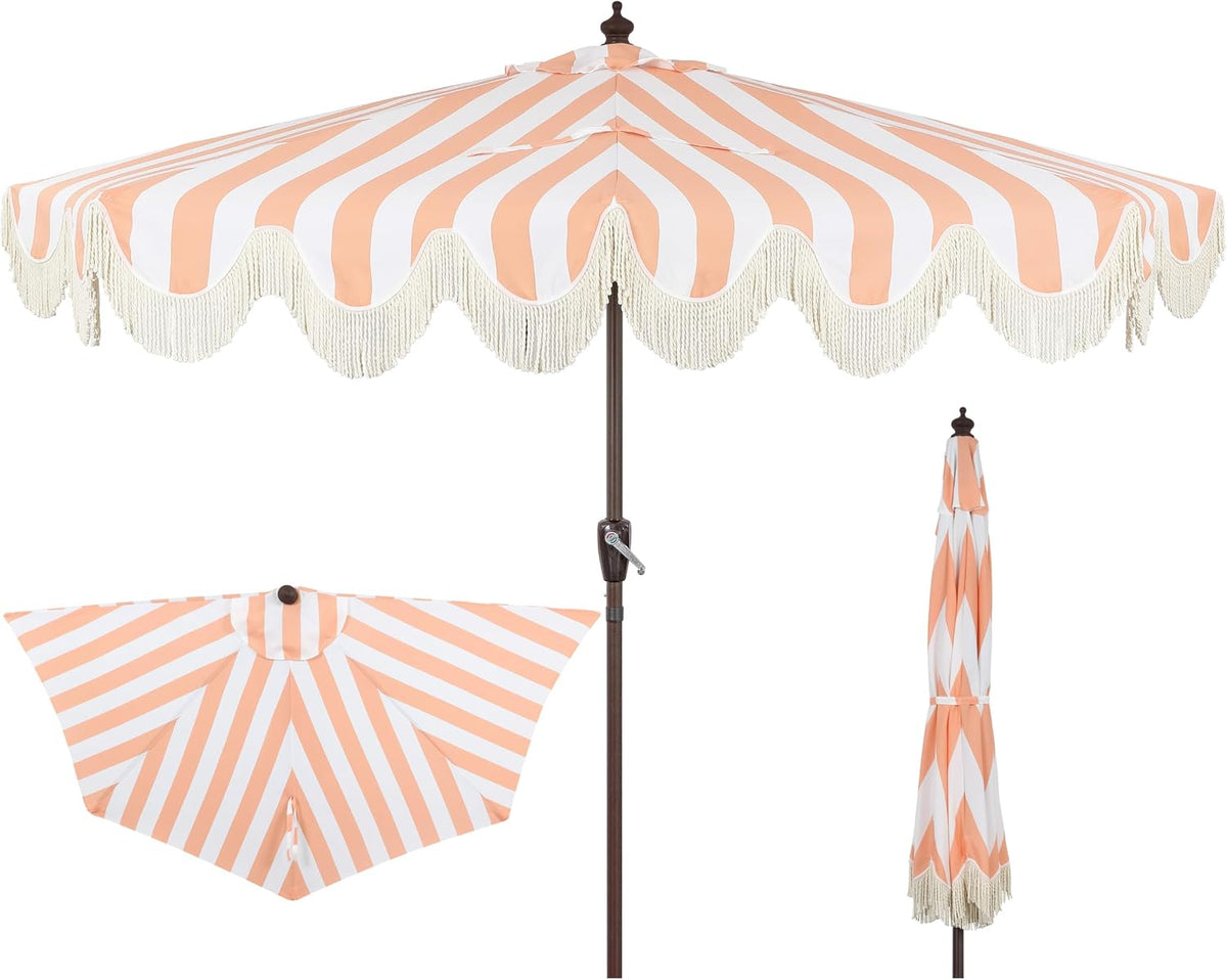 Front view of peach-and-white striped scalloped umbrella with cream fringe and dark brown pole; folded and underside insets