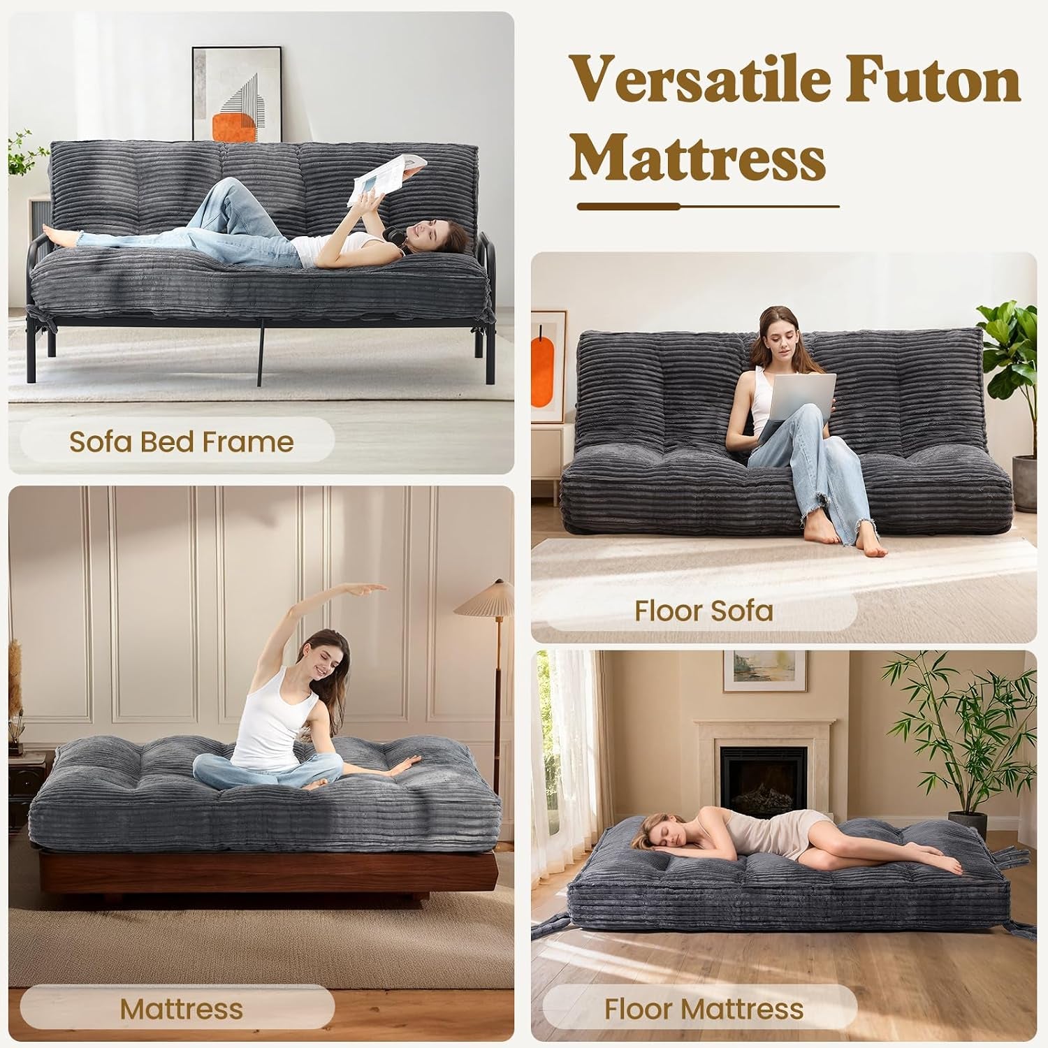 Four-panel collage showing the grey foldable futon used as sofa bed, floor sofa, mattress on bed frame, and floor mattress.