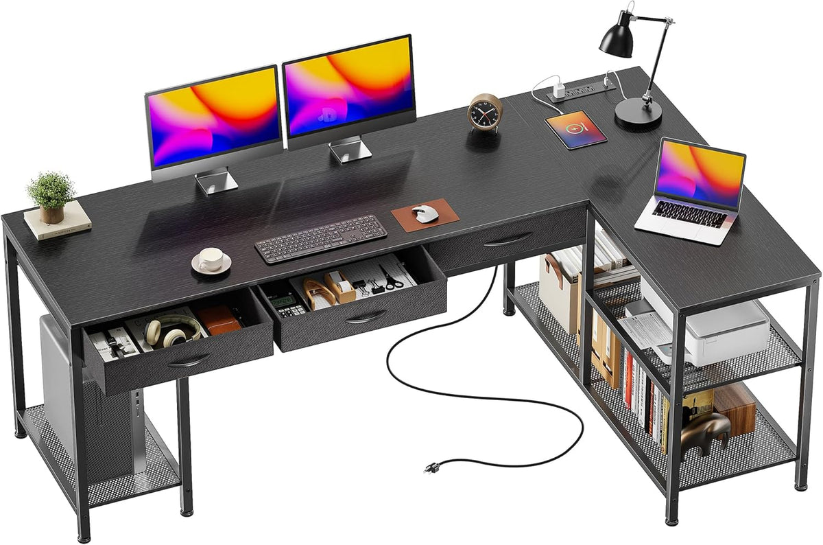 Three-quarter front view of black L-shaped desk with front fabric drawers open and a CPU on the left shelf.