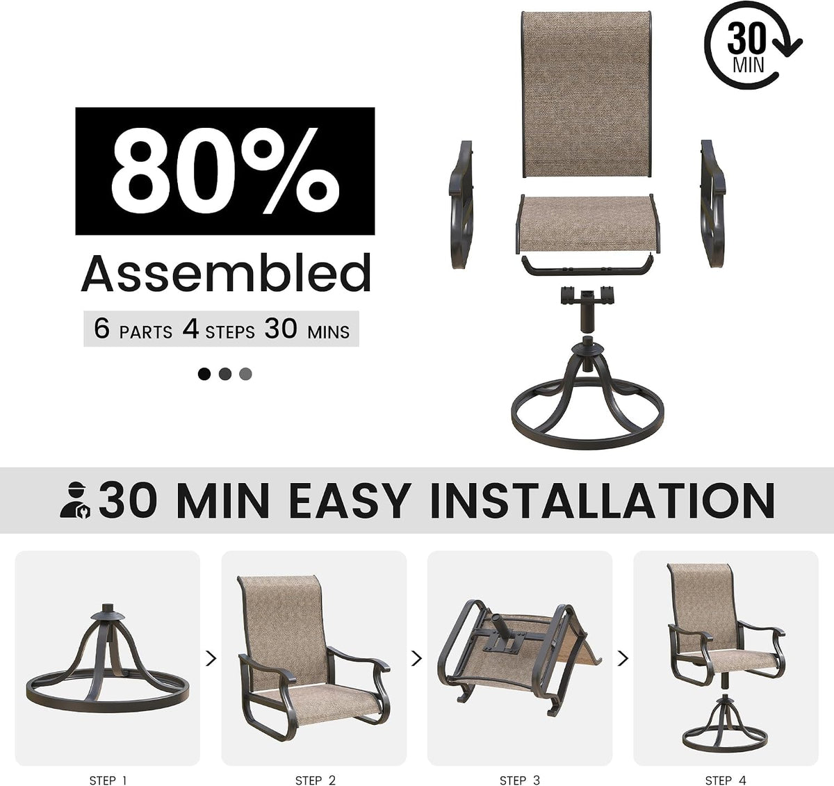 Exploded view and four-step illustrations showing chair base, seat, arms and final assembled swivel rocking chair.