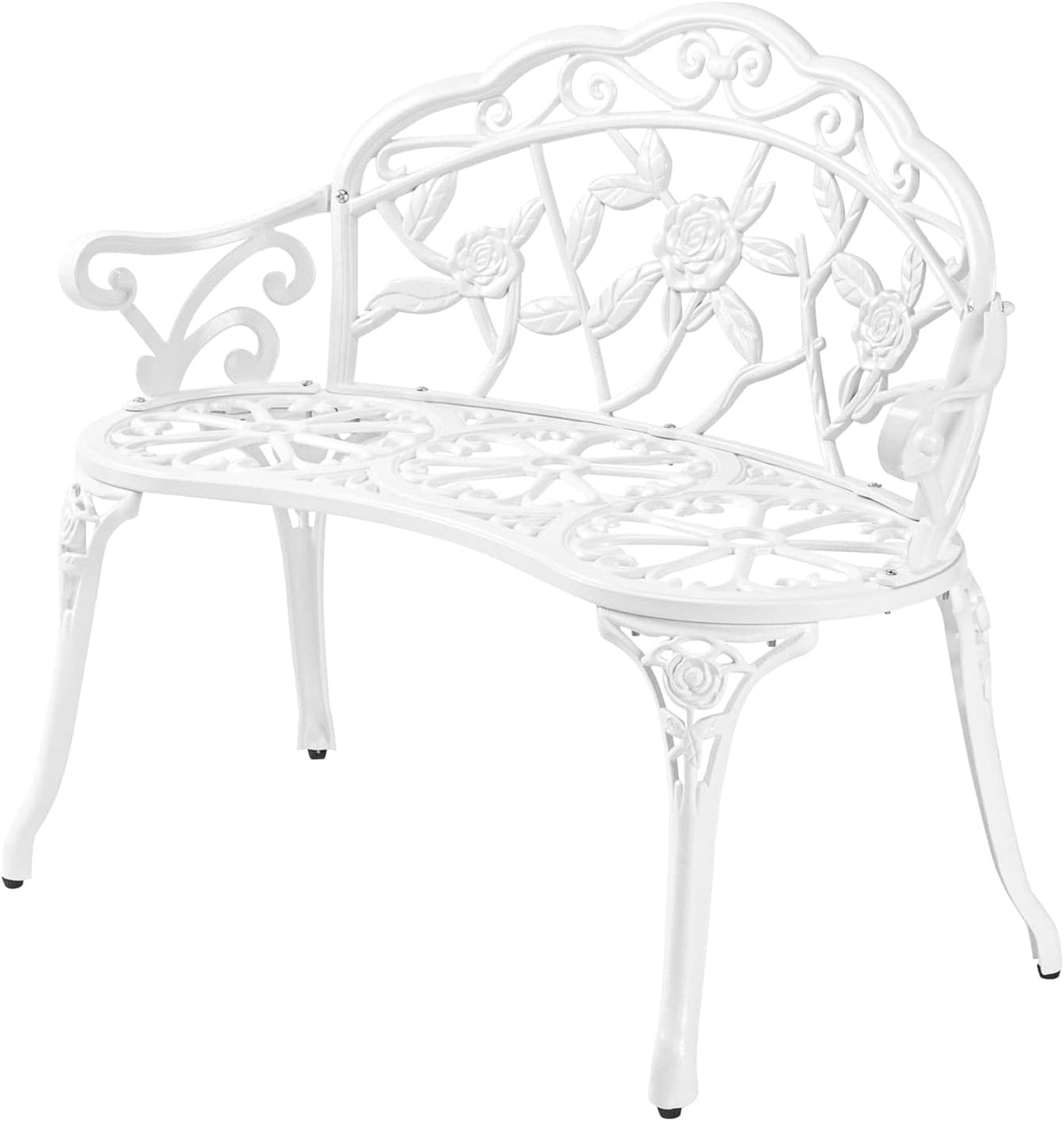 Close angled view of the white bench highlighting the rose carvings on the back and legs.