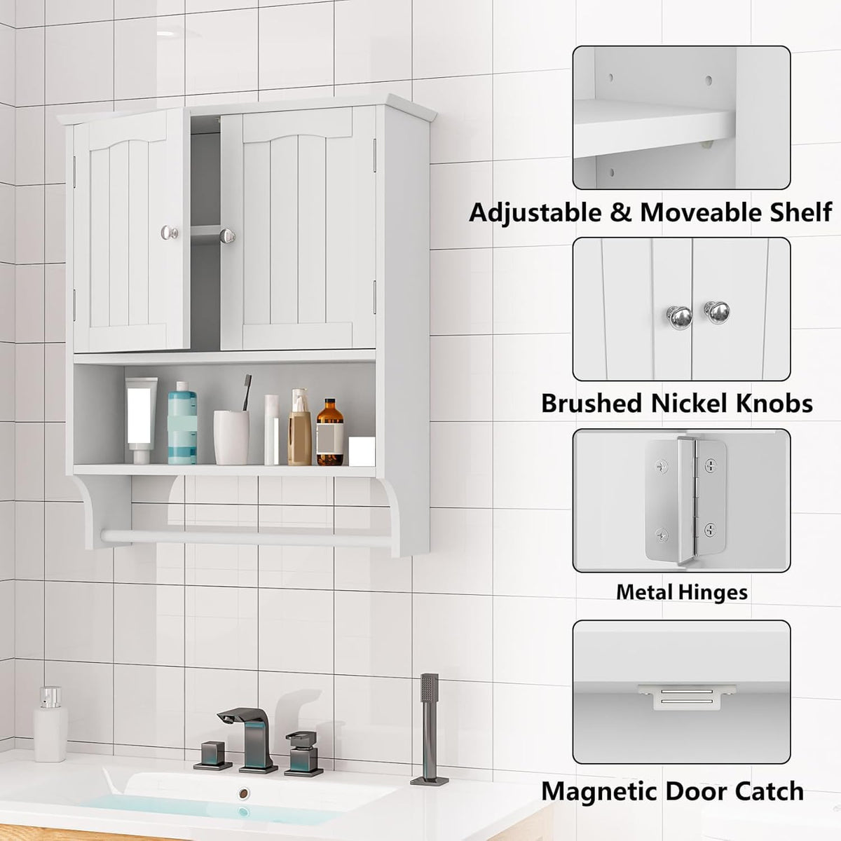 White over-the-sink wall cabinet mounted on tiled wall with open shelf and callouts showing shelf, knobs, hinges, and