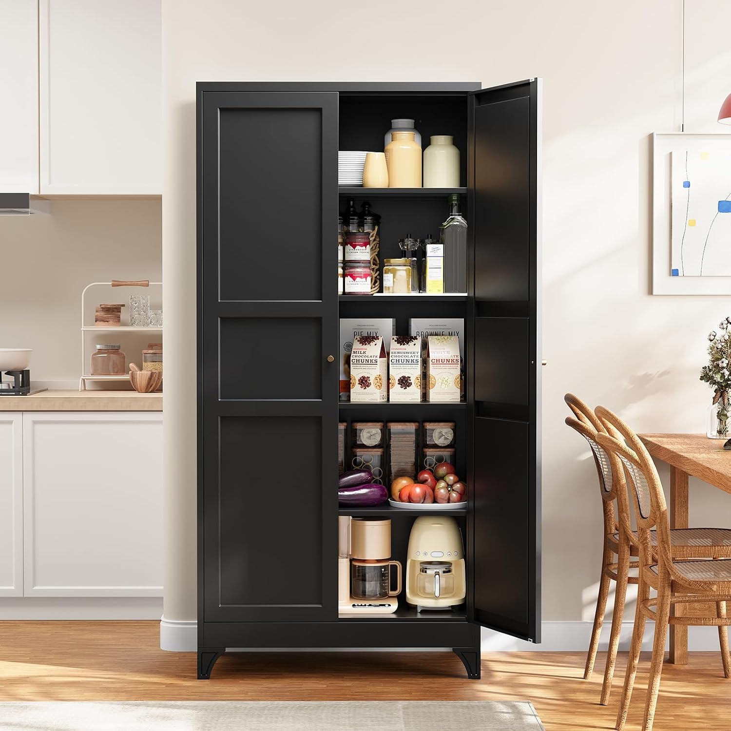 Black tall storage cabinet with one door open, stocked shelves in a kitchen dining corner.