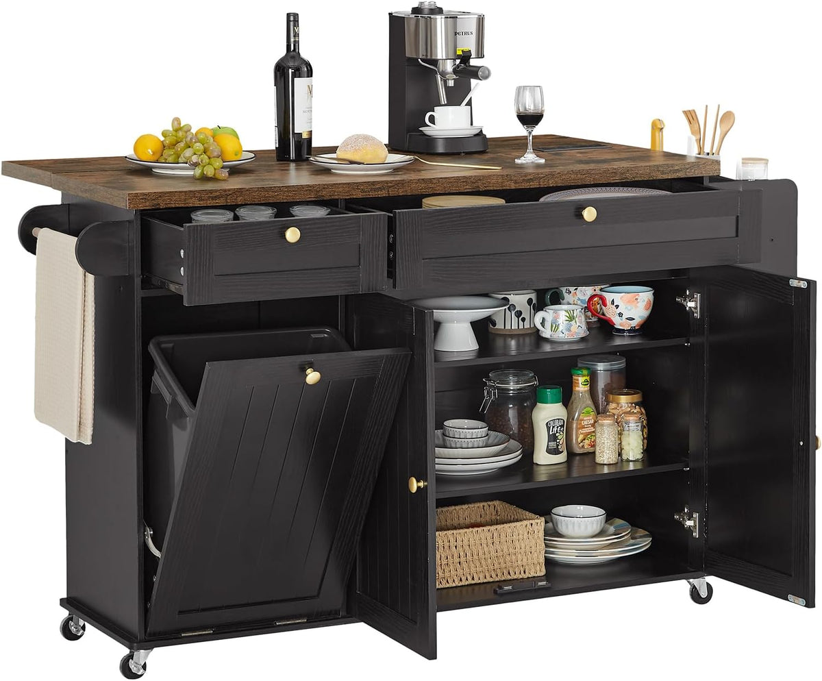 Front view of black kitchen island with drawers and cabinets open showing stacked dishes and tilt-out trash can