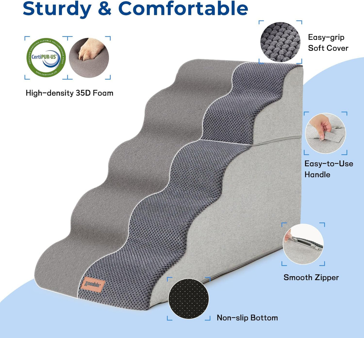 Side profile of grey pet stairs highlighting layered foam steps, textured easy-grip cover, handle, zipper, and non-slip black