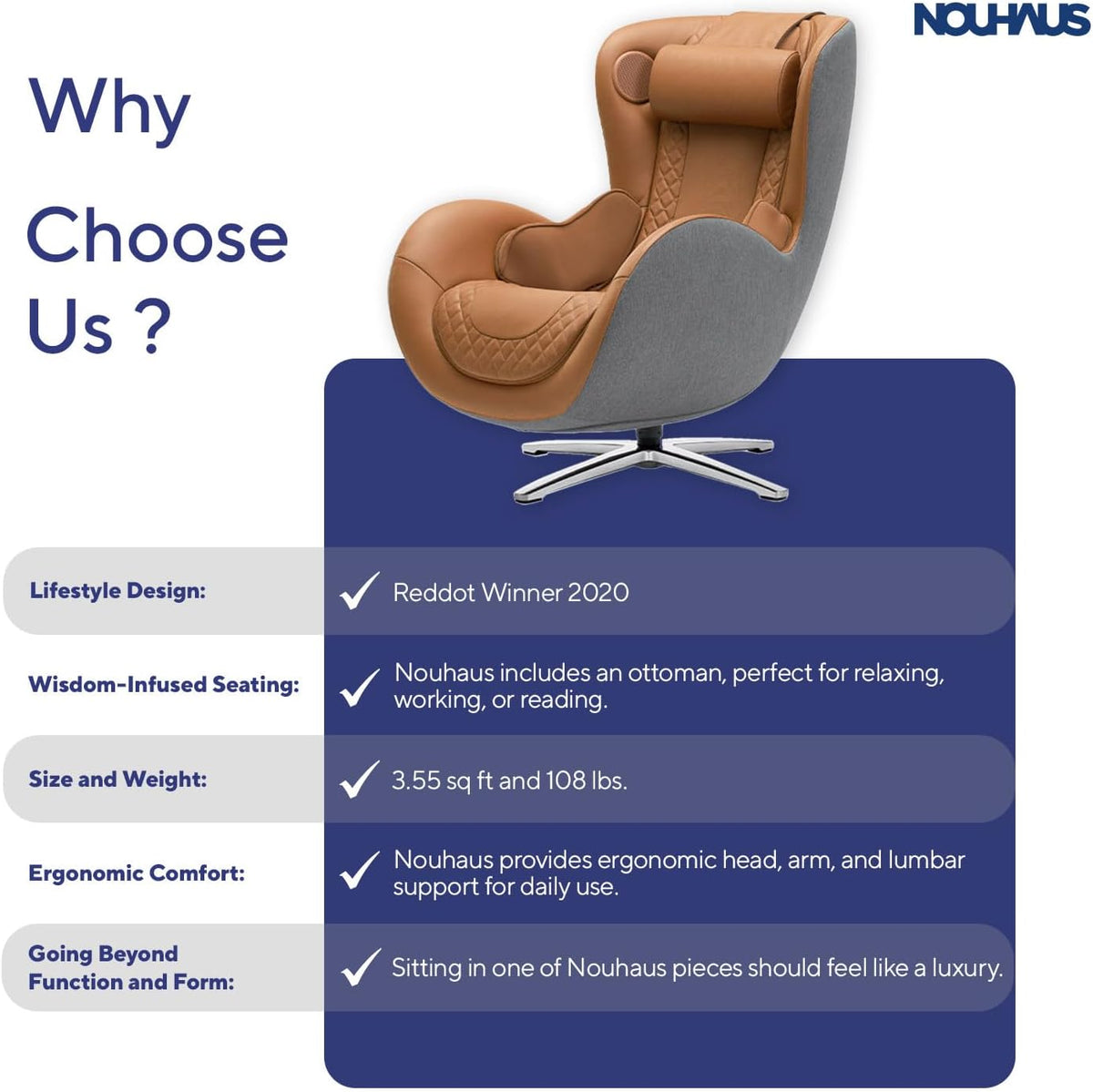 Caramel leather and gray fabric massage chair on white background with blue infographic panels listing product highlights