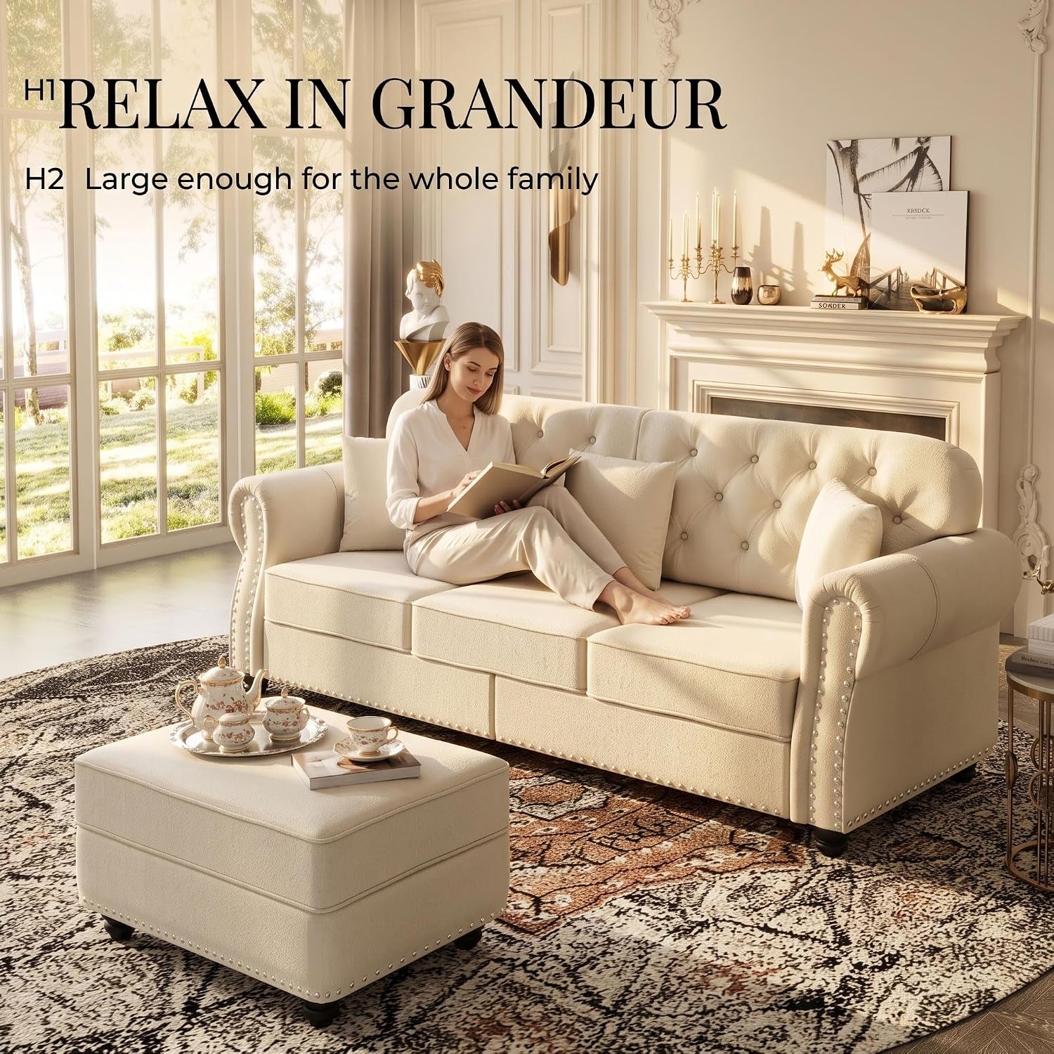 Split graphic showing modular versatility with ottoman attached as a chaise or used standalone as a footstool