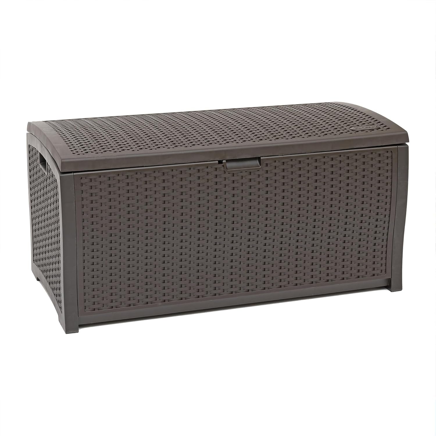Three-quarter perspective of a large dark wicker-style outdoor deck storage box with hinged lid and side handles.