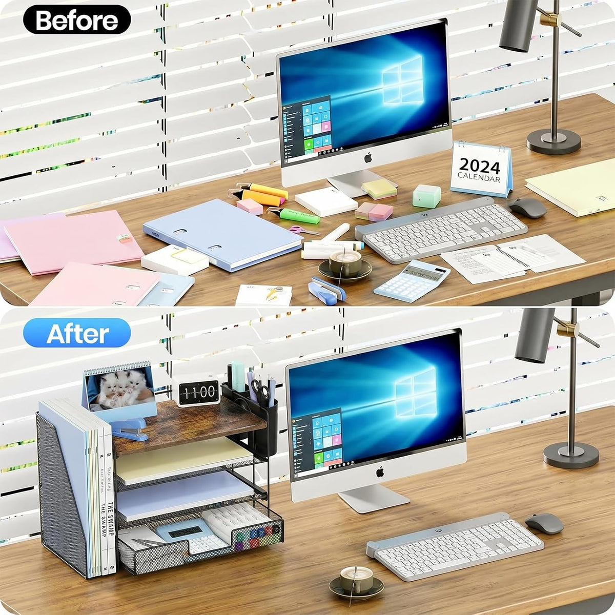 Split before-and-after desk image: cluttered workspace above and tidy desk with the organizer next to a monitor below.