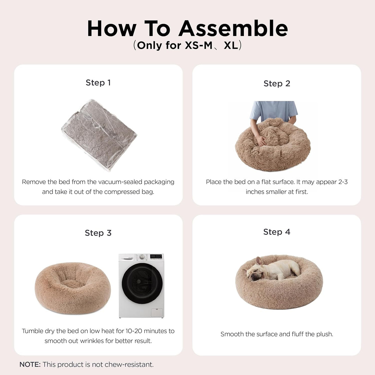 Four instructional panels showing vacuum-sealed bed, fluffing, tumble dry, and final fluffed donut bed with dog.