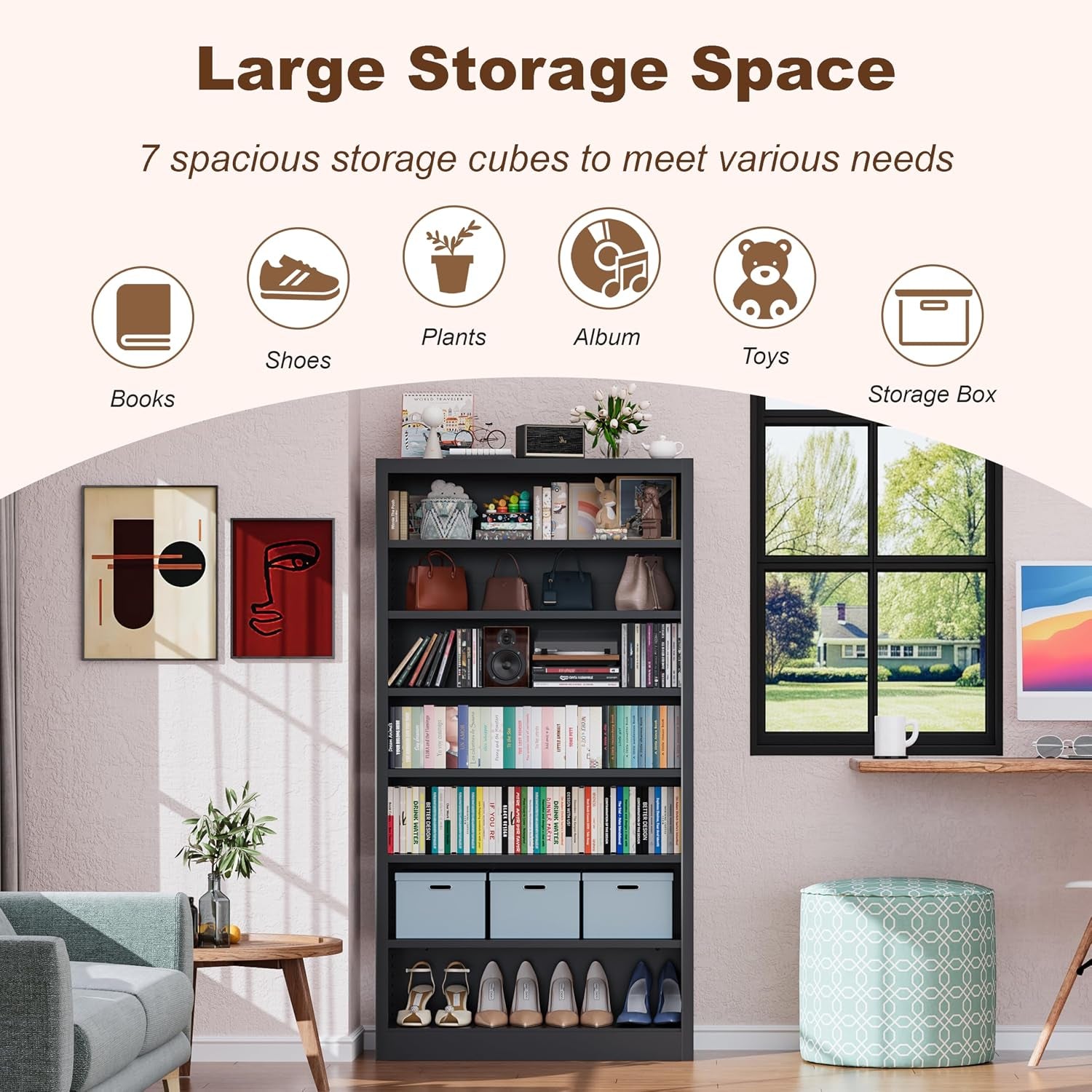 Black 7-tier cabinet in a room scene with icons and examples illustrating large storage for books, shoes and storage boxes.