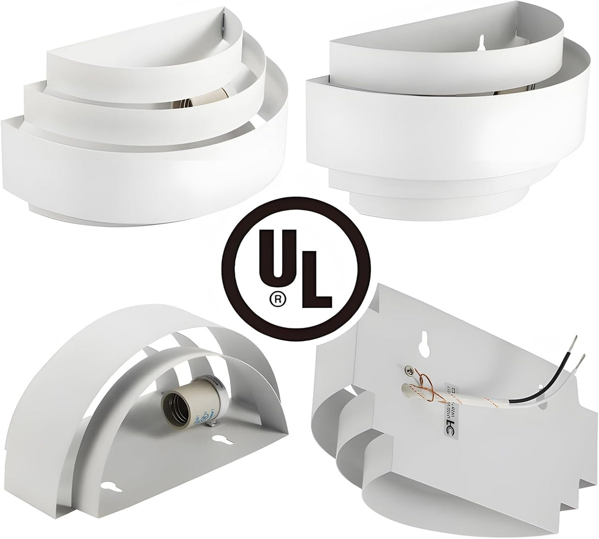 Disassembled white metal sconce parts and mounting bracket with UL certification mark visible