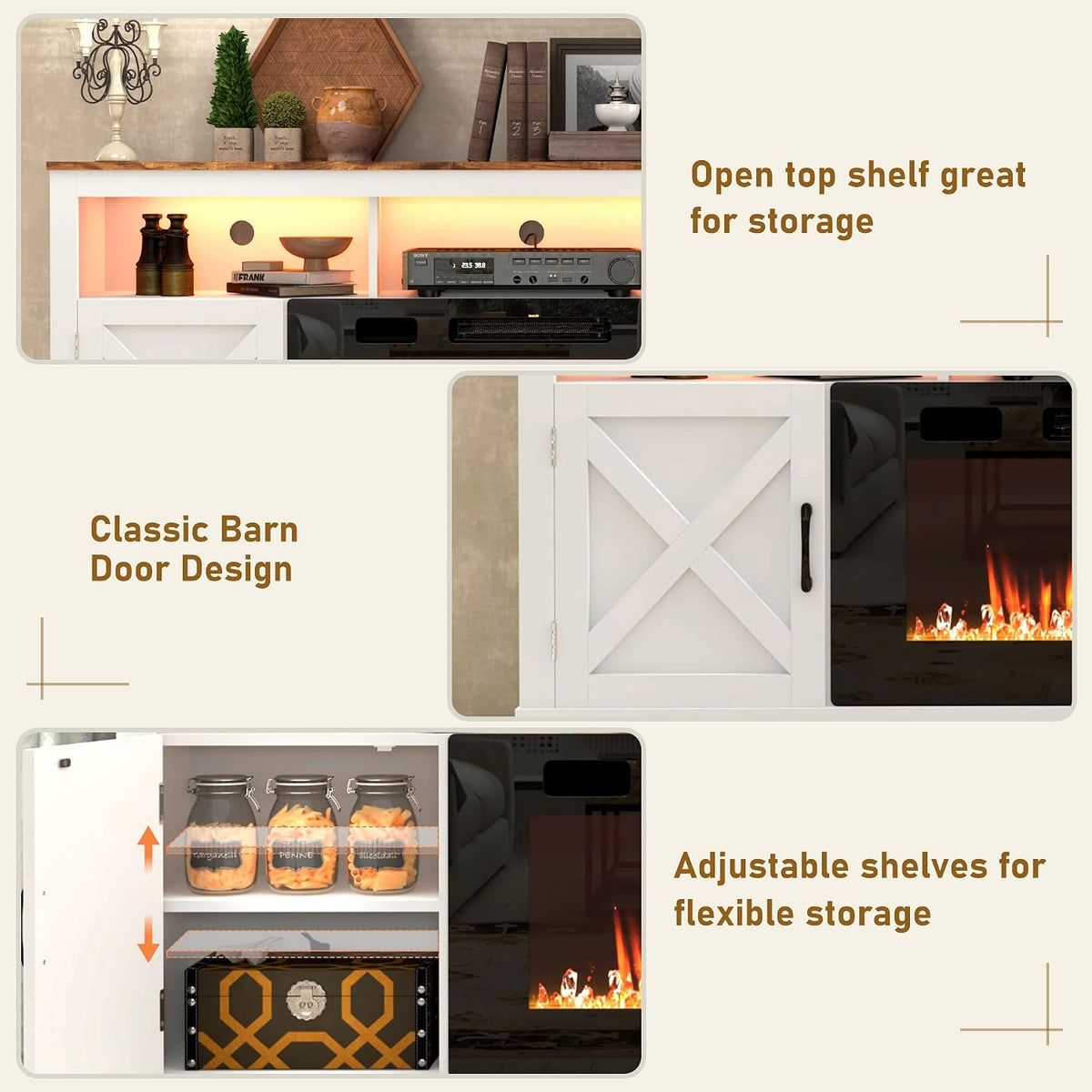 Collage showing open top shelf with cable hole, classic barn-door cabinet and adjustable interior shelves