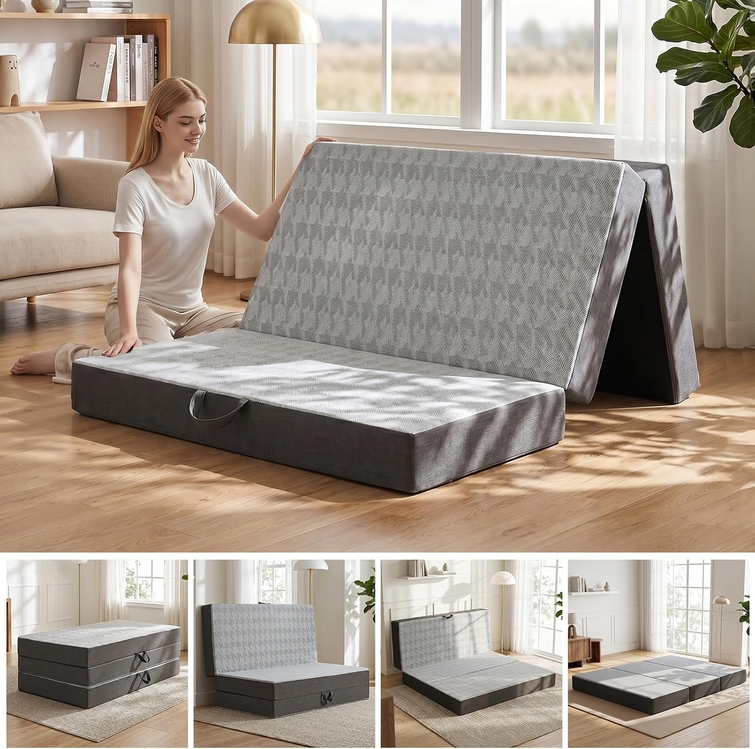 Front view of a grey tri-fold mattress propped in a tent fold showing side handle and matching floor placement.