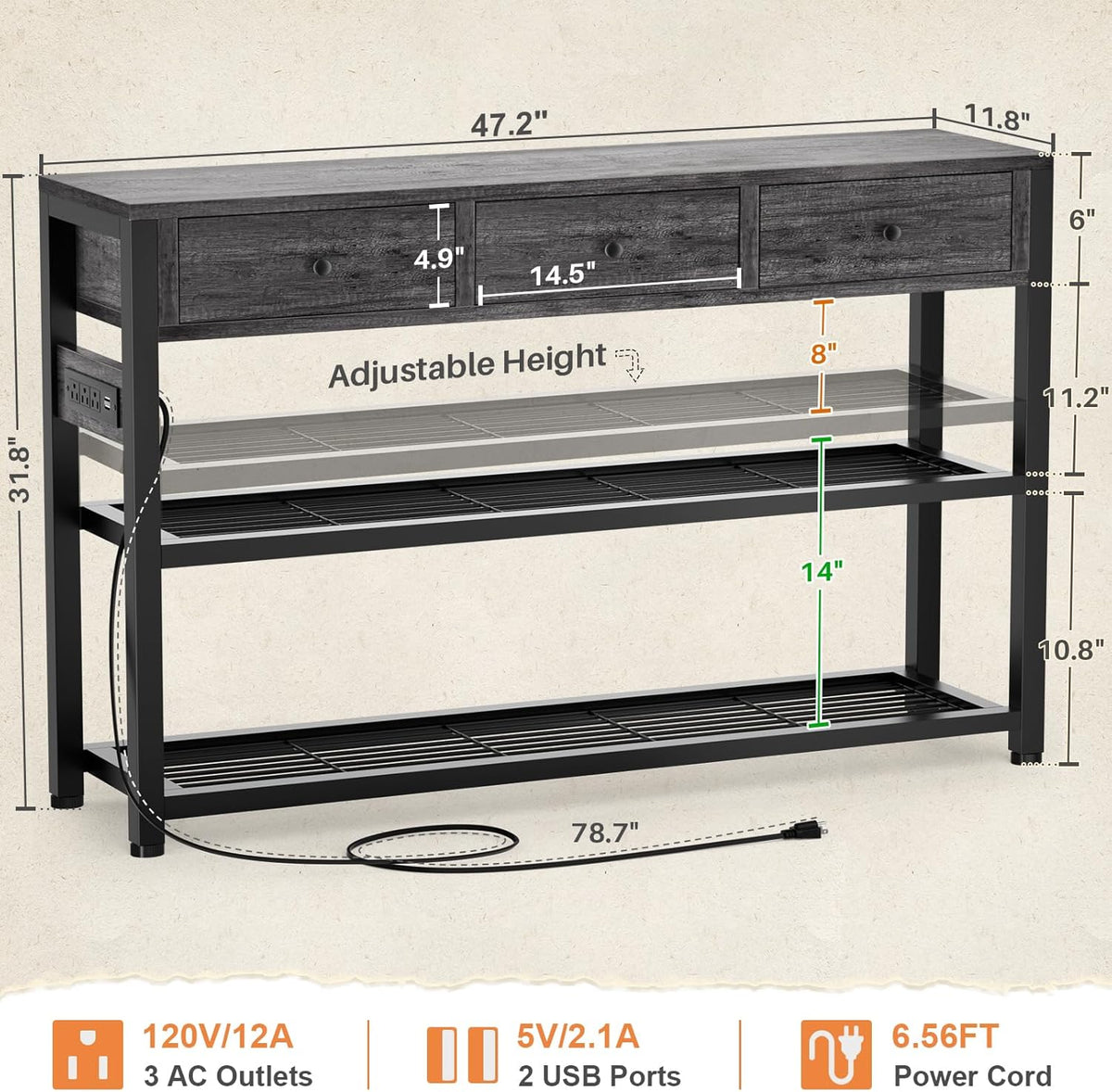 front-angle dimension diagram of the console table showing shelving, drawers and power cord placement