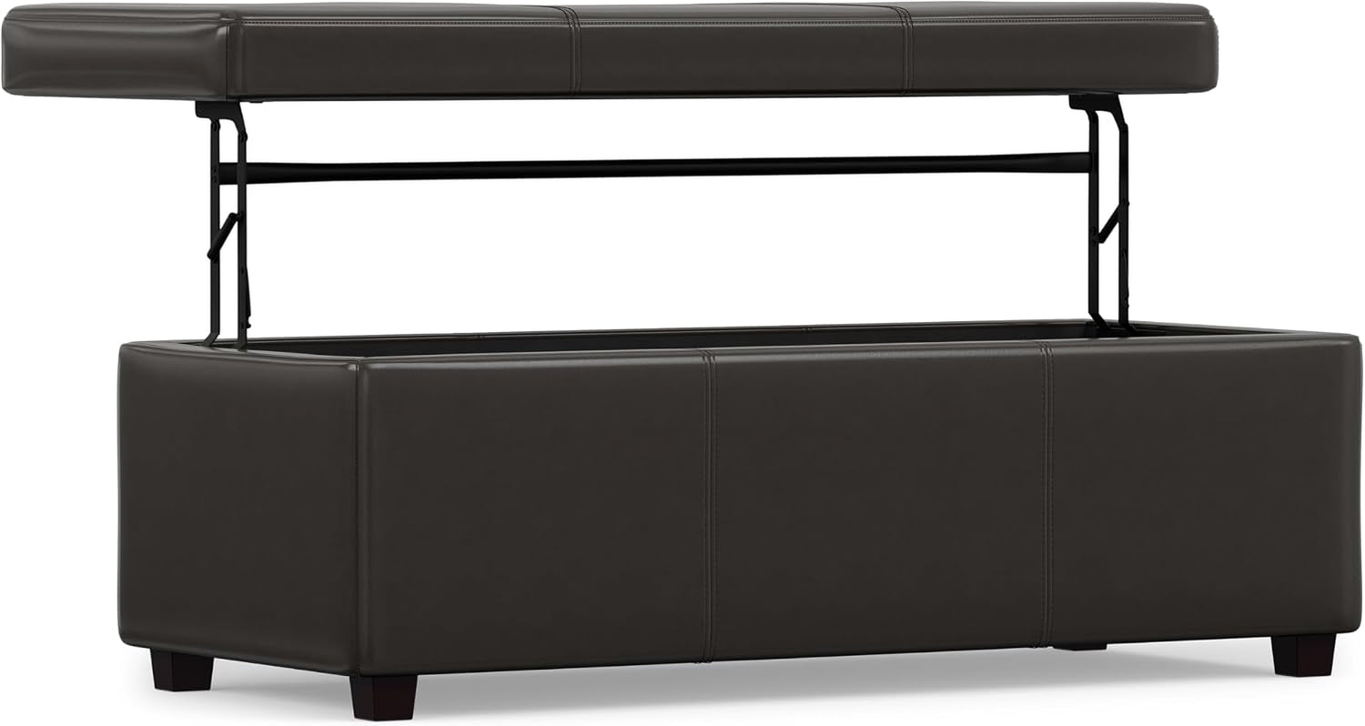Storage ottoman shown with lift-top open, metal hinge supports and empty interior visible, side view.