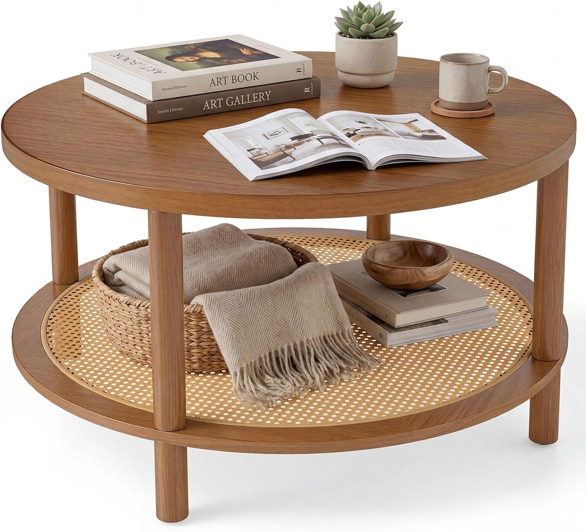 Close-up of round table top with stacked books and woven rattan shelf visible below