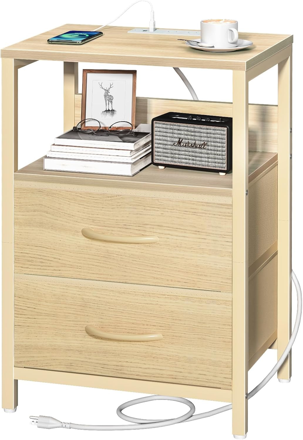 Light wood two-drawer nightstand with open shelf, cord and charging port on top