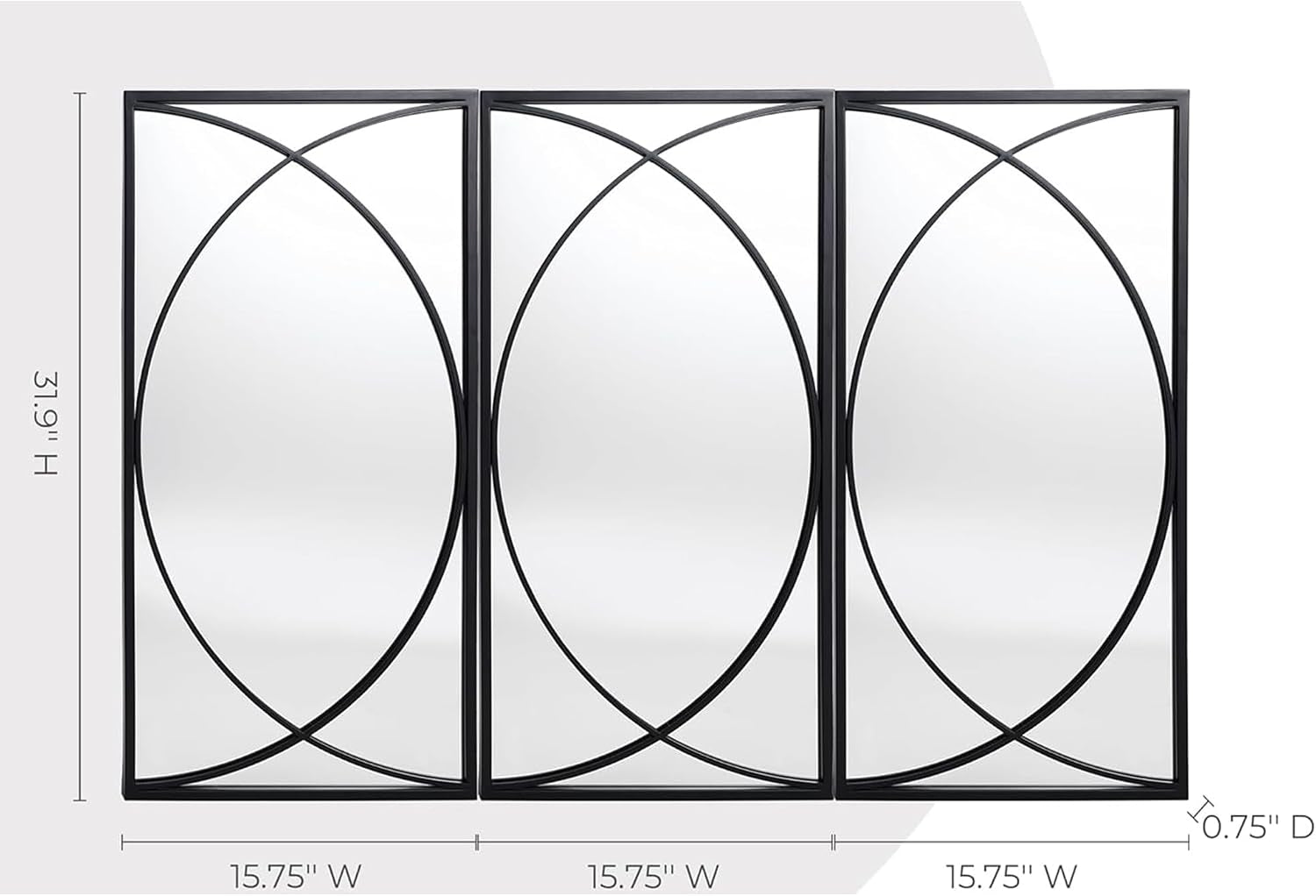 Three black-framed rectangular mirrors shown with a measurement graphic indicating individual panel width and height