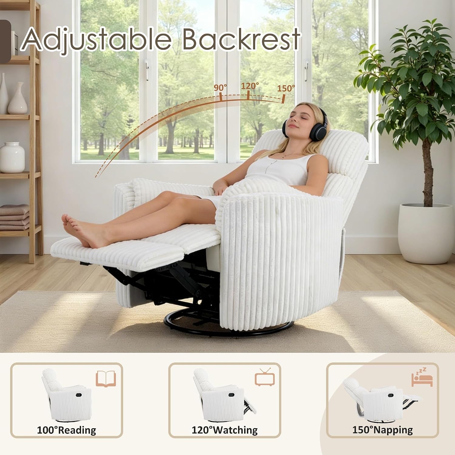 Woman reclining with headphones on a beige swivel recliner, overlay showing adjustable backrest angles and three position